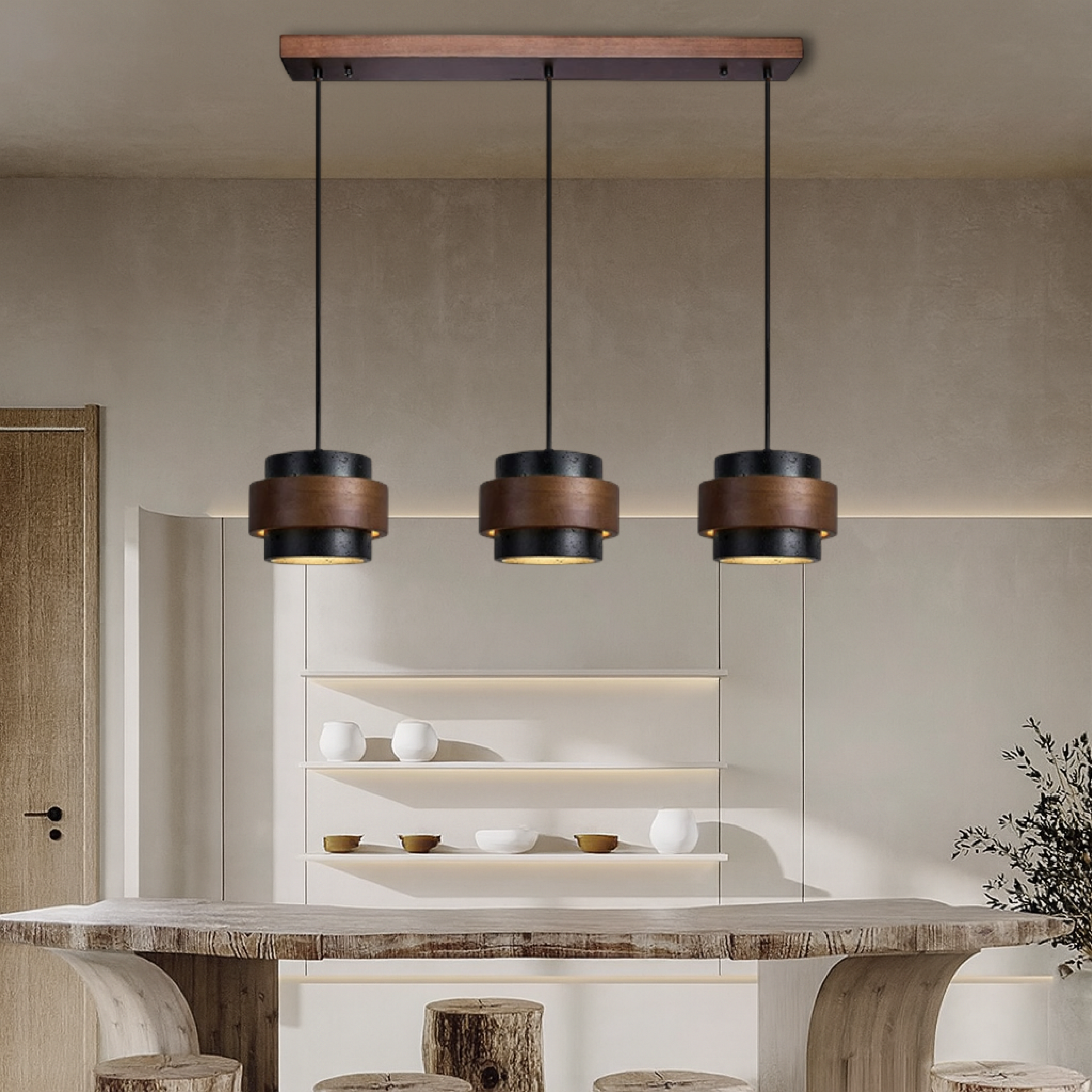 Lámpara colgante de travertino negro de 3 cabezales