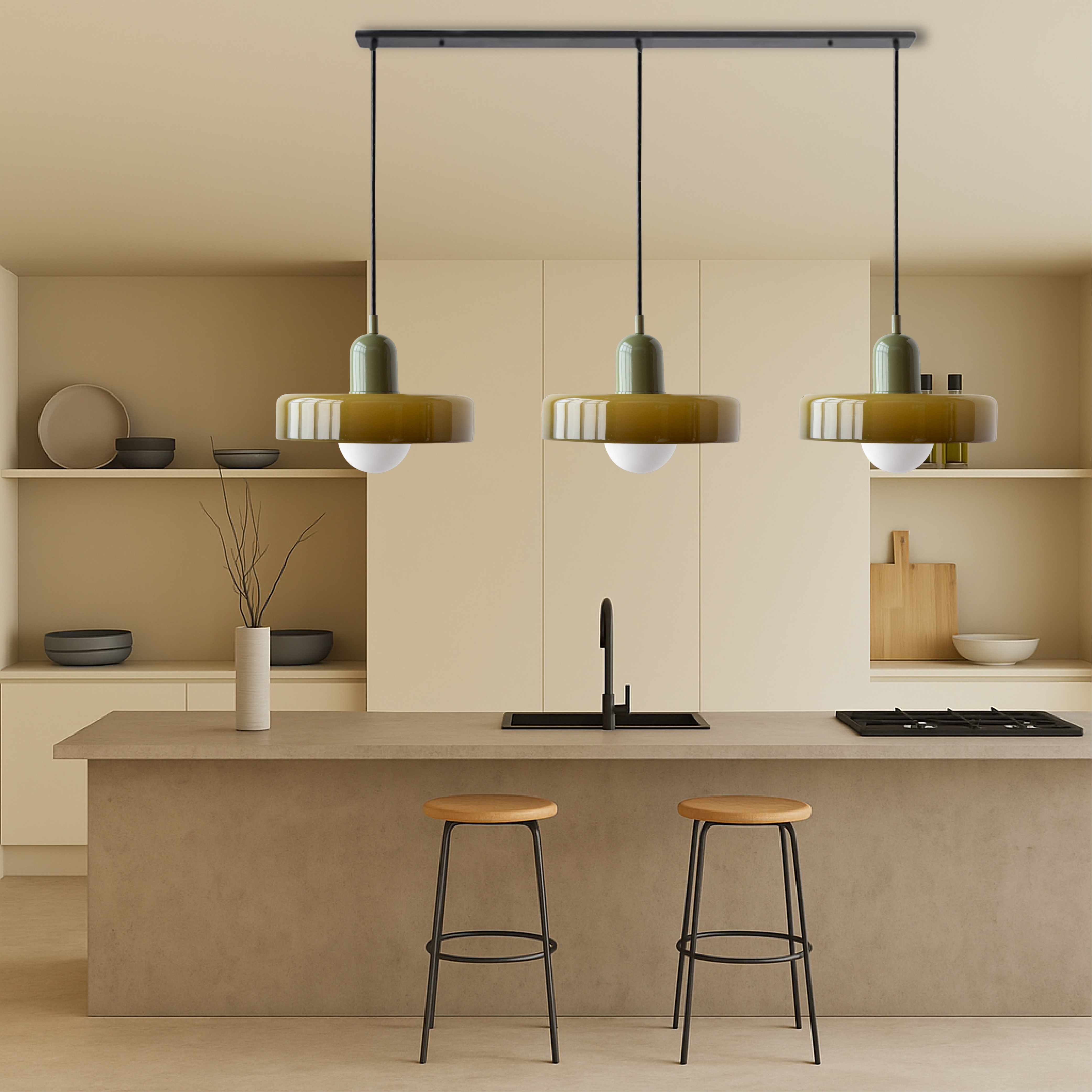 Lámpara colgante de cristal coloreado Bauhaus de 3 cabezales